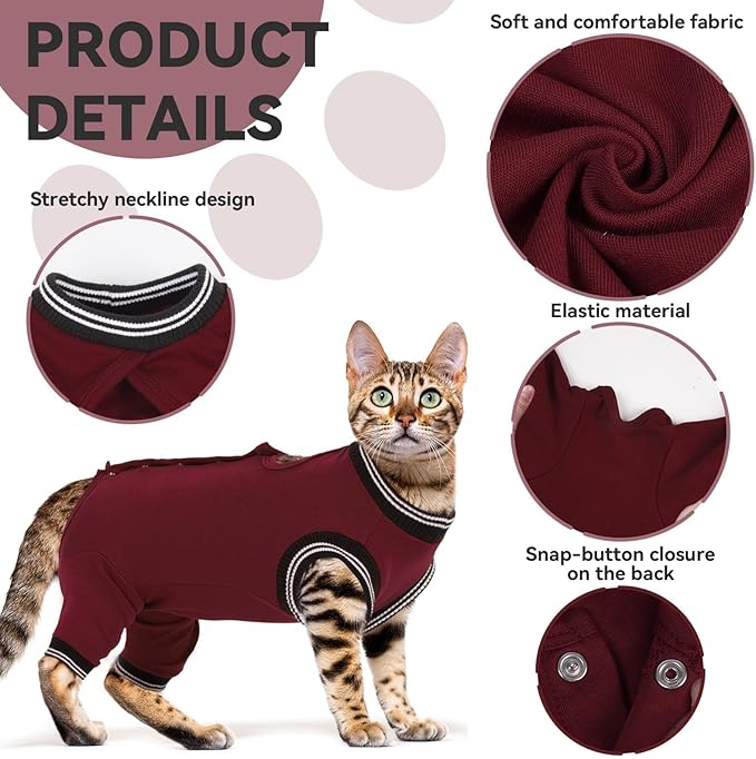 T'CHAQUE Cat Surgery Recovery Suit for Female Male, Cat Onesie Pet Surgical Pajamas Long Sleeve, Abdominal Wound Healing, E-Collar Alternative, Spay/Neuter Recovery Garment-Burgundy-XL