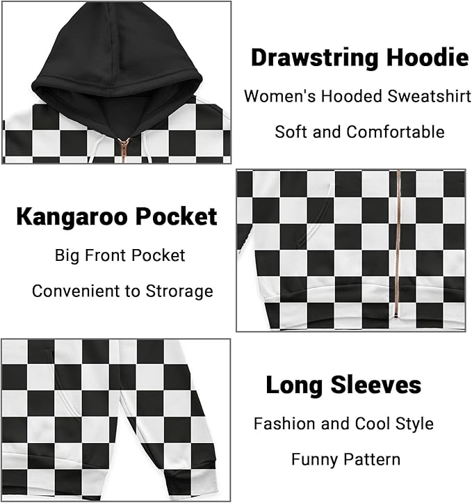 Womens Zip Front Plaid Sweatshirts Print Hoodie Fall Jackets Long Sleeve Casual Drawstring Clothes