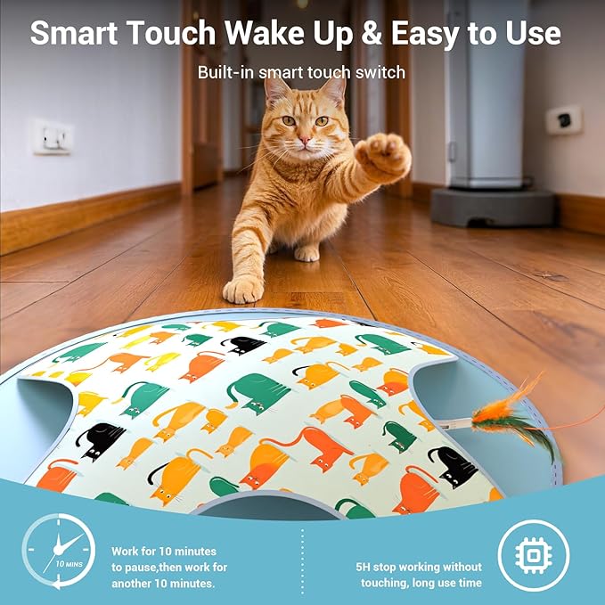Interactive Cat Toy, 2-in-1 Automatic Cat Toys with Hide/Seek Mode, Moving Concealed Feathers, Two Speed Adjustable & Smart Touch Wake Up - Kitten Play for Indoor Cats (Blue)