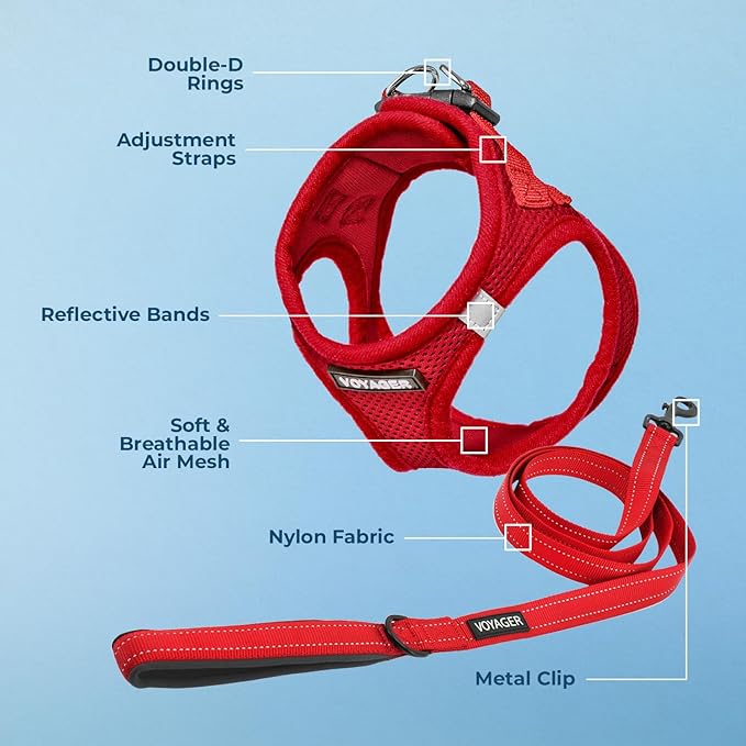 Voyager Step-in Air All Weather Mesh Harness and Reflective Dog 5 ft Leash Combo with Neoprene Handle, for Small, Medium and Large Breed Puppies by Best Pet Supplies - Set (Red), M (Chest: 16-18")