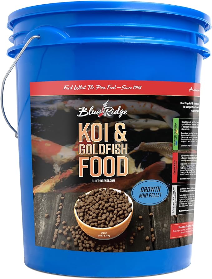 Blue Ridge Koi Fish Food 14lb - Koi Food Mini Growth Formula, Goldfish Food, Premium Fish Food for Ponds, Ponds Fish Food, Floating Pond Pellets
