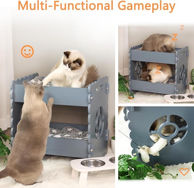 Cat Bunk Beds for 2 Indoor Cats,Double Raised Cat Bed,Elevated Cat Bed Furniture,Modern Cat Condo with Matress,Protect Cat's Hip Joint for All Seasons,Easy to Assemble(19.7“x15 x19.2,Grey)