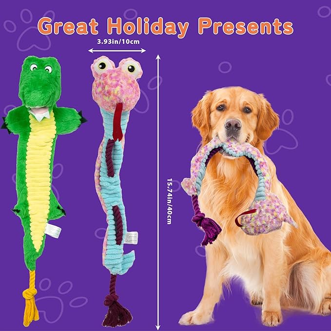 Crinkle Dog Toys Squeaky Plush No Stuffing Cute Puppy Stuffless Tough Rop Pull Toy, Fun Dog Stuffed Animals Durable Chew Set for Small Medium Large Pup (Large, Alligators+Snake)
