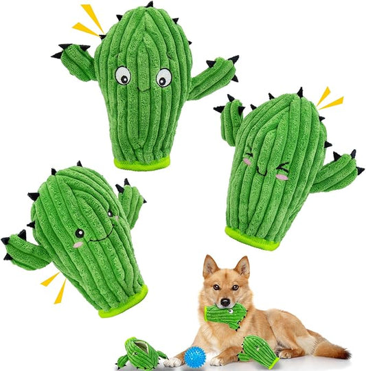 No Stuffing 3 Pack Squeaky Dog Toys- 2 in 1 Interactive Plush Dog Toy- Cactus Shaped Rip and Reveal Toy for Puppies- Perfect for Indoor & Outdoor Play- Training & Toss & Play