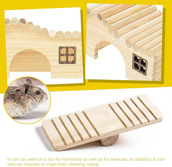 Wooden Hamster Platform and Dwarf Hamster House, Cute Syrian Tiny House Hideout, Small Animal Pet DIY Accessories for Rats, Gerbils & Small Pets (All-in-one)