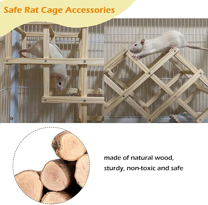 Wooden Rat Climbing Toys, Natural Pet Rat Cage Accessories Climbing Ladder, Fancy Rats Enrichment Toy Activities, Hanging Rodent Toys for Pet Rats in Cage Playing Chewing (M, 2pcs)