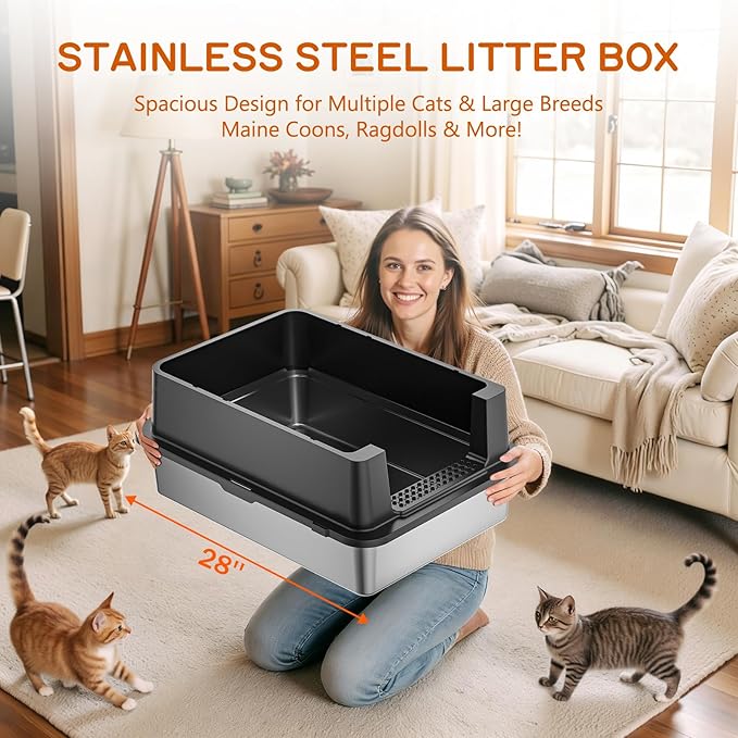 Stainless Steel Litter Box - 28" Extra Large XXXL Cat Litter Box with High Sides, Non-Sticky & Anti-Leakage for Big Cats/Multiple Cats, Includes Heavy Duty Metal Scoop (Black)