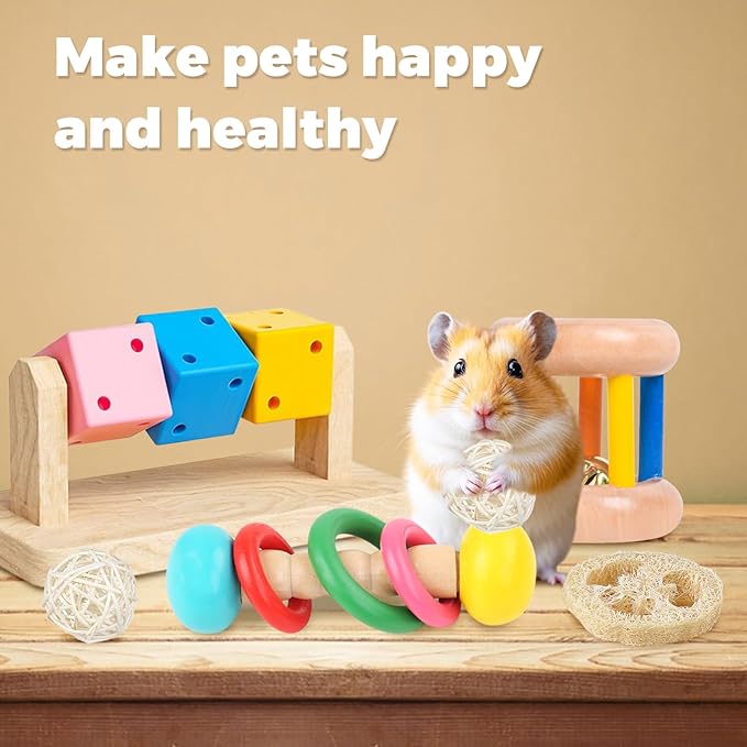 7 Pcs Wooden Hamster Toys,Hamster Chew Toys,Safe Eco-Friendly Rabbit Toys,Wooden Small Animal Cage Accessories, Bite-Resistant Guinea Pigs for Small Animals Playing Teeth Grinding Indoor