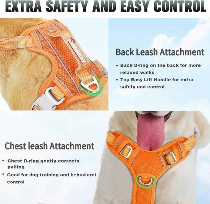 BARKBAY No Pull Dog Harness Large Reflective Dog Harness with Front Clip and Easy Control Handle for Walking Training Running with ID tag Pocket(Orange,L)