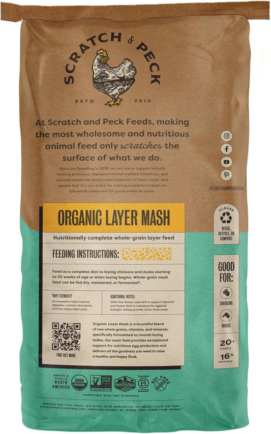 Scratch and Peck Feeds Whole Grain Layer Mash Chicken and Duck Feed - Corn-Free and Soy-Free - 16% Protein, Certified Organic and Non-GMO Project Verified Chicken Food - 50 lbs Bag