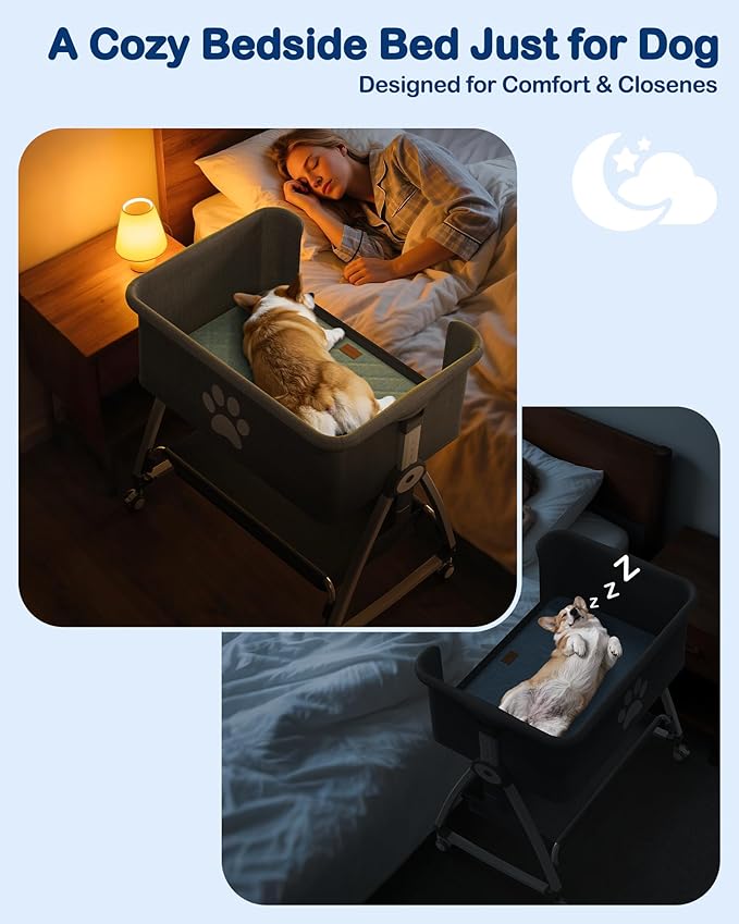 Bedside Dog Bed, 6-Height Adjustable Elevated Dog Bed for Small & Medium Puppy, Extension for Human Bed, Pet Bassinet with Removable & Washable Cover, Dogs Couch with Sides (30" L x 21" W)