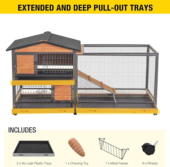 Aivituvin Rabbit Hutch 60.8" Rabbit Cage Indoor Outdoor Guinea Pig Cage on Wheels Bunny Cage with 3 Deep No Leakage Pull Out Tray,Waterproof Roof
