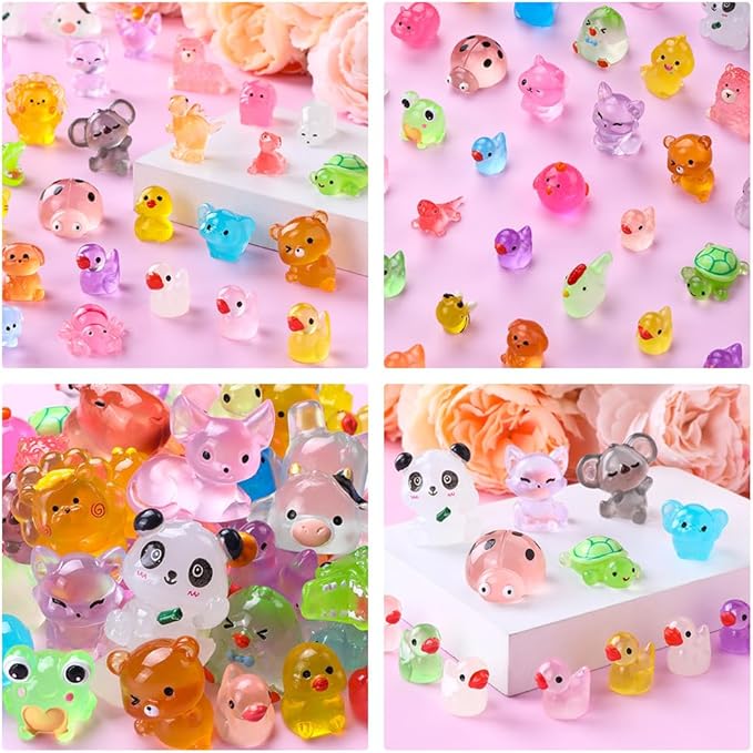 60PCS Luminous Mini Resin Animals 60 Styles Miniatures Glow in The Dark Tiny Little Figures to Hide Small Duck Figures for Party Favors Bag Fillers Garden Dollhouse Decor