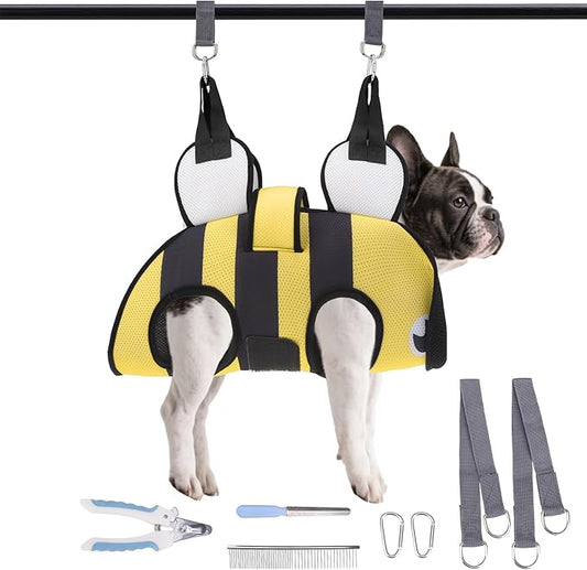Dog Grooming Hammock for Small Dogs Cats, Cute Bee Design Dog Hanging Harness for Nail Trimming/Clipping, Pet Sling with Grooming Kit and Thick Neck Support & Strap Restraint Claw Care, XS