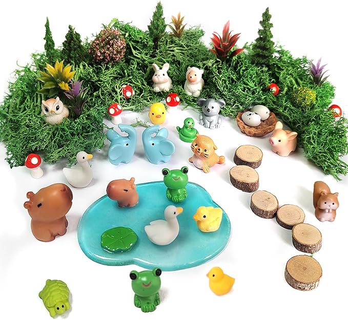 Mini Resin Animals Set, 46 Pcs, Tiny Resin Animal, Mini Resin Animals Bulk, Miniature Trees Moss for Garden Décor Micro Landscape Ornaments Kit Fairy Garden Dollhouse Accessories