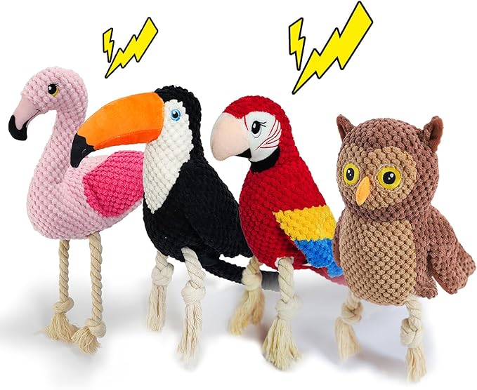 4-Pack Squeaky Dog Toys for Small Medium Large Dogs Interactive Rope Plush Dog Toys Set Flamingo, Parrot, Toucan, Owl Stuffed Puppy Toys for Teething, Anxiety Relief Perfect for Aggressive Chewers