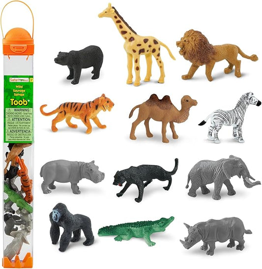 Safari Ltd. Wild TOOB - 12 Mini Figurines: Giraffe, Bear, Tiger, Camel, Lion, Crocodile, Gorilla, Hippo, Rhino, Zebra, Panther, Elephant - Educational Toy Figures For Boys, Girls & Kids Ages 3+