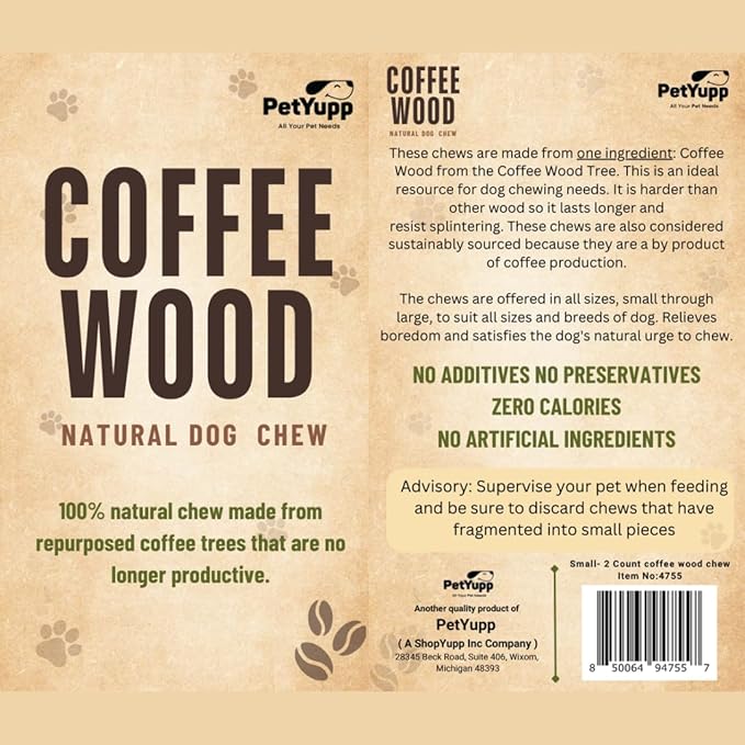 Natural Coffee Wood Dog Chew Small, 2 Count - Promotes Dental Health, Reduces Tartar & Chewing Exercise for Aggressive Chewers, Small, Medium & Large Dogs - Safe Chew Toy for Puppy