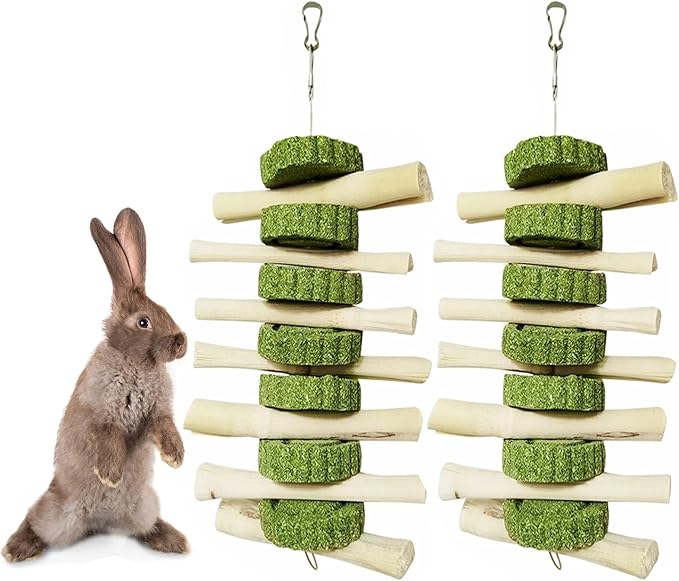 kathson Bunny Chew Toys for Teeth, Pet Snacks Molar Sweet Bamboo with Grass Cake for Hamster Chinchilla Guinea Pig Rabbit Rats(2 Packed)