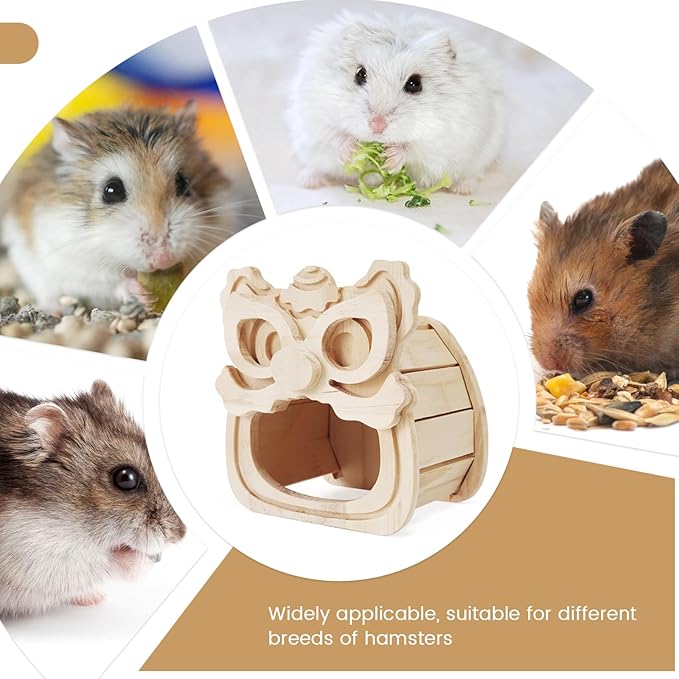 Guinea Pig Hideout, Wooden Hamster Hideout, Natural Wood Hamster House, Solid Wood Small Pet Shelter, Safe & Simple for Rat Gerbils and Other Small Pets(Waking Lion)