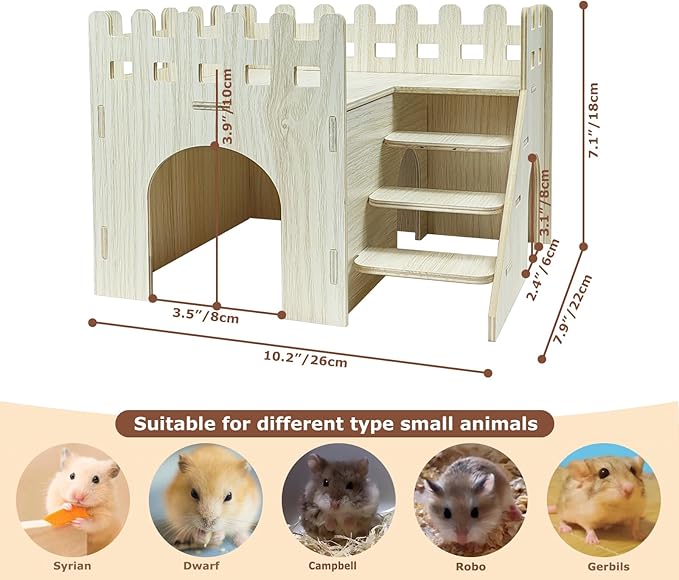 Wood Hamster Hideout House Habitat Wooden Maze Hide Hut with Platform Cage Accessories Toys for Syrian Dwarf Gerbils Mouse Mice Rat Other Small Animals etc. (03 Palisade House)