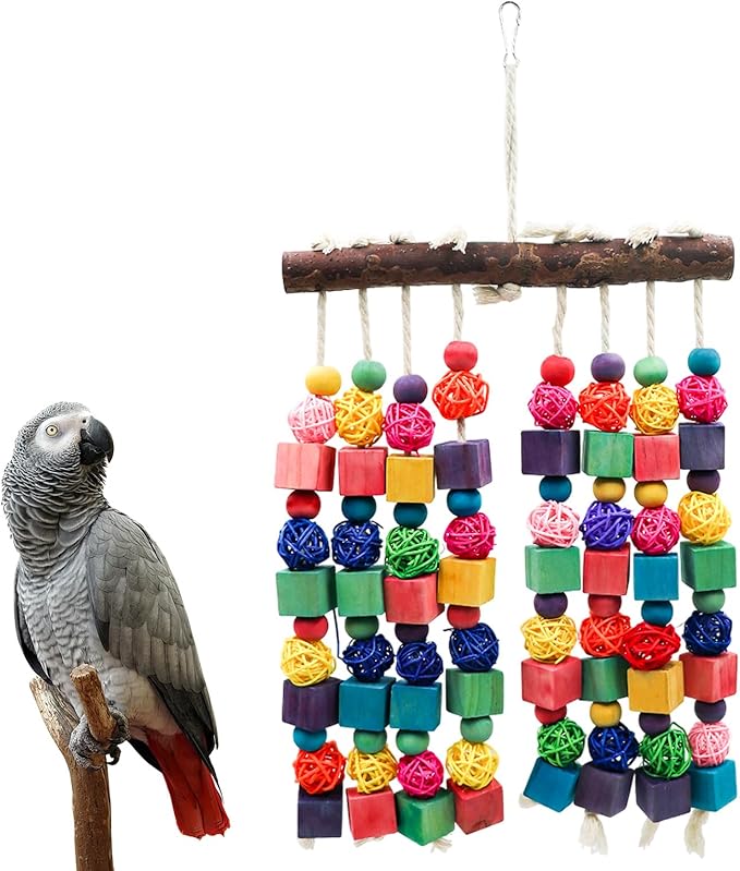 Bird Toys, Natural Bird Toys with Colorful Wooden Blocks, Bird Toys for Parrots, Bird Chew Toys for African Grey, Budgies, Cockatiels, Lovebirds, Conures, Quakers, Amazons, Small to Medium Birds