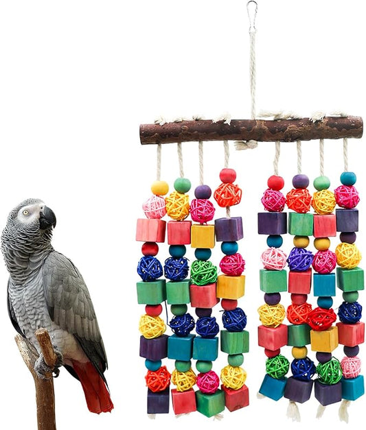 Bird Toys, Natural Bird Toys with Colorful Wooden Blocks, Bird Toys for Parrots, Bird Chew Toys for African Grey, Budgies, Cockatiels, Lovebirds, Conures, Quakers, Amazons, Small to Medium Birds