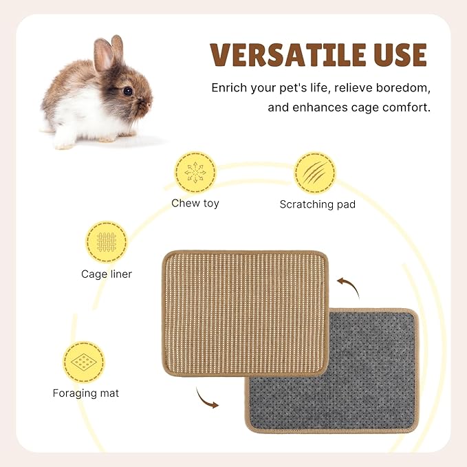 2 Pack Bunny Scratching Pad - Natural Jute-Cotton Woven Cage Mat Chew Toys Teeth Grinding & Claw Care Scratcher for Rabbits, Chinchillas, Guinea Pigs