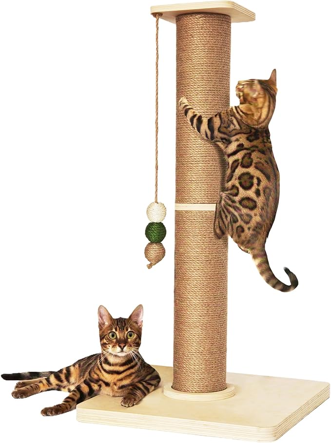 TINYBEAST Wooden Cat Scratching Post, Sturdy 35'' Tall Natural Sisal Cat Scratcher with Thick Solid Wood Base for Adult Cats Indoor, Jumbo Durable Stable Cat Scratcher Tower