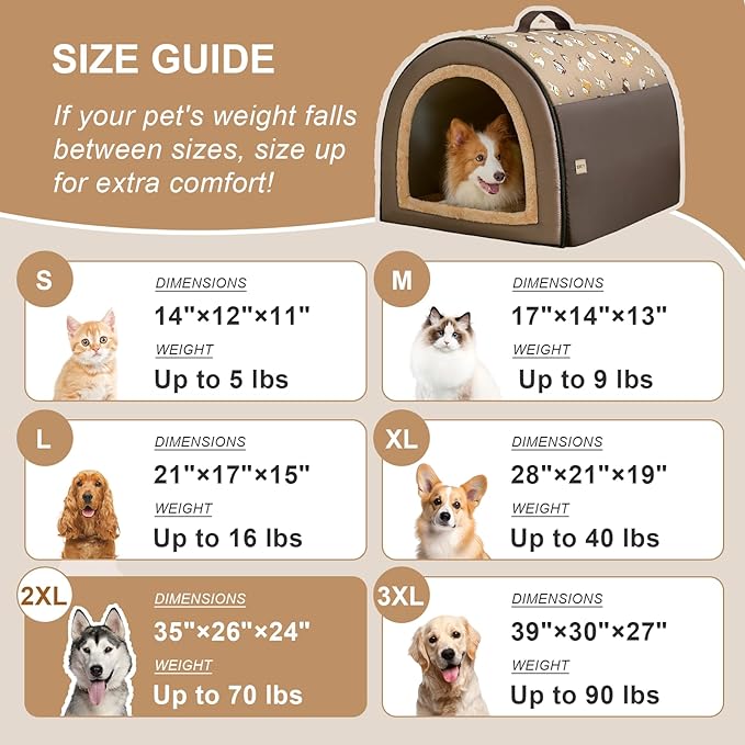 Jiupety 2 in 1 Dog House Indoor, Comfy Cave Bed Covered Dog Bed, Portable House for Medium and Large Dogs, 2XL(35"×27"×26"), Up to 70 Lb, Brown