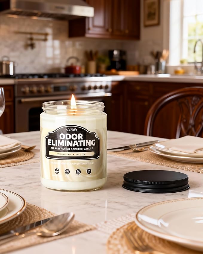 AOOVOO Vanilla Cream Odor Eliminating Highly Fragranced Candle - Eliminates 95% of Pet, Smoke, Food, and Other Smells Quickly, Air Freshing Soy Candle, 9 oz Up to 50 Hours Burn time