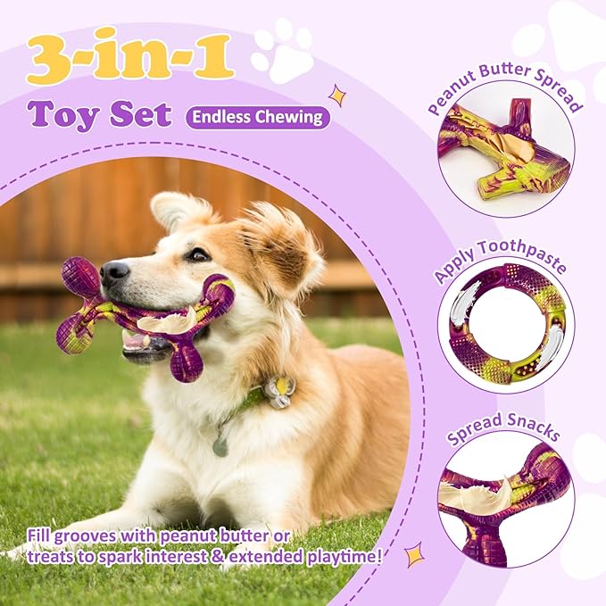 Indestructible Dog Toy 3Pack, Dog Chew Toys for Aggressive Chewers, Tough Dog Toys to Keep Them Busy for Medium Large Breed, Bacon Flavor (Purple)