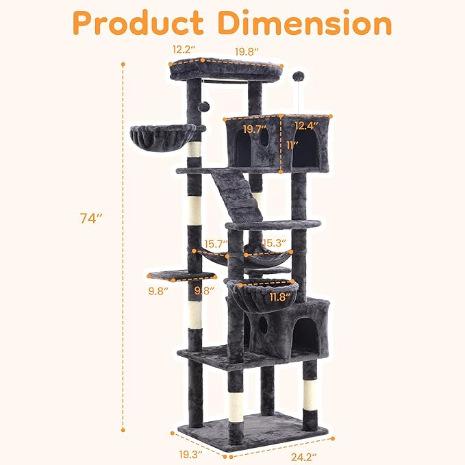 73" Multi-Level Cat Tree Tower for Large Cats with Scratching Posts, Condos, Perch, Hammocks & Toys, Large Cat Jungle Gym for Indoor Cats, Ideal for Multi-Cat Households, Grey