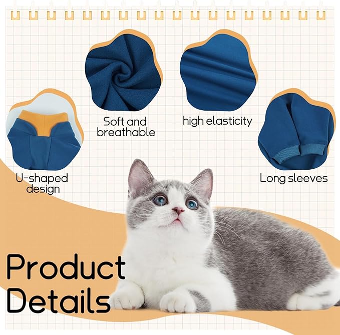 T'CHAQUE Sticky Hair Cat Onesie - Soft Long Sleeve Cat Pajamas, Anti-Shedding,Surgery Recovery Suit, Wound Protection & Preventing Licking, Kitten Sweaters for Male Female, Blue-2XL