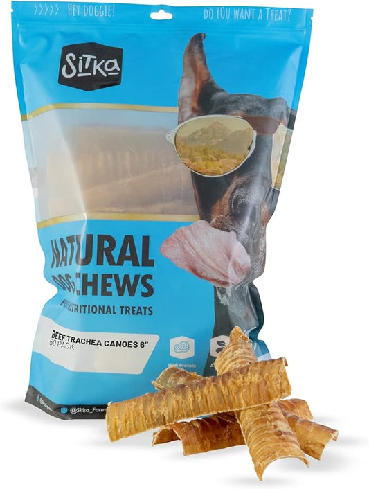 Sitka Farms Beef Trachea Canoes 6" Split Trachea - 50 Count - Doggie Dental Care Healthy Teeth Beef Premium Natural Dog Treats for Small Medium and Large Dogs