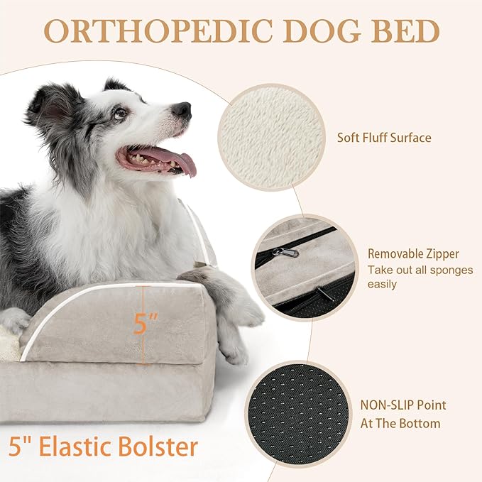 Comfort Expression Waterproof Dog Beds for Large Breed Dogs, Large Dog Beds Orthopedic Foam, Comfy Pet Bed Sofa with Washable Removable Cover & Non-Slip Bottom(Beige)