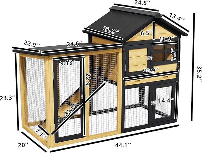 Bunny Cage Premium Rabbit Hutch with Leak-Proof Roof, 2-Story Bunny House for Guinea Pigs & Hamster,Wooden Chicken House with Deep Pull-Out Tray, Waterproof Chicken Coop for Outside (Yellow Black)