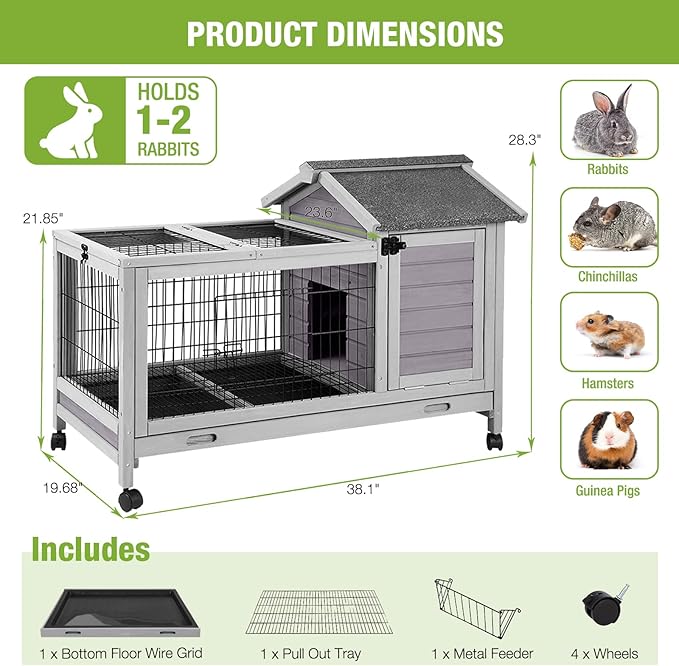 GUTINNEEN Rabbit Hutch Indoor Bunny Cage Outdoor Wooden Guinea Pig Cage Bunny House with Removable Metal Wire Floor, Lockable Caster Wheels, Leakproof Plastic Tray for 1-2 Rabbits, Small Animals