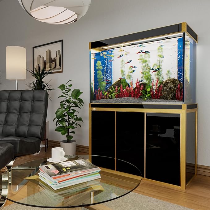 175 Gallon Aquarium Tempered Ultra Clear Glass with Complete Setup in Black with Gold Trims with Stand, Pump, Filter, and LED Bundle
