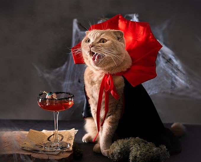 Halloween Cat Costume Vampire Cloak, Adjustable Red and Black Pet Cape with Vampire Accessories, Small Cats Dogs and Other Pets Halloween Parties and Pet Cosplay.