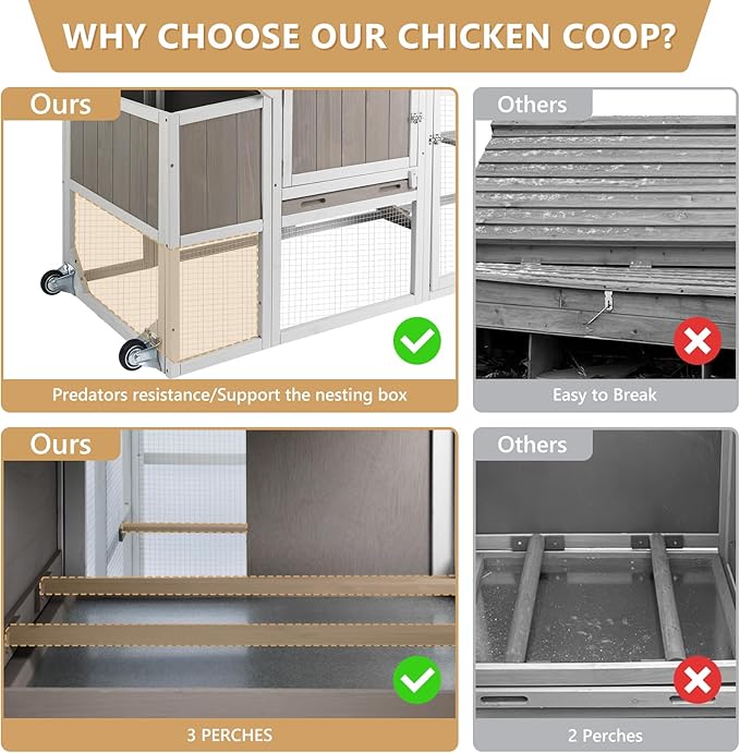 Chicken Coop with Run, Mobile Hen House with Wheels, Indoor/Outdoor Rabbit Hutch, Predator-Resistant, Nesting Box, 3 Perches, Tray, Combinable Design, for Chickens and Bunnies, Grey
