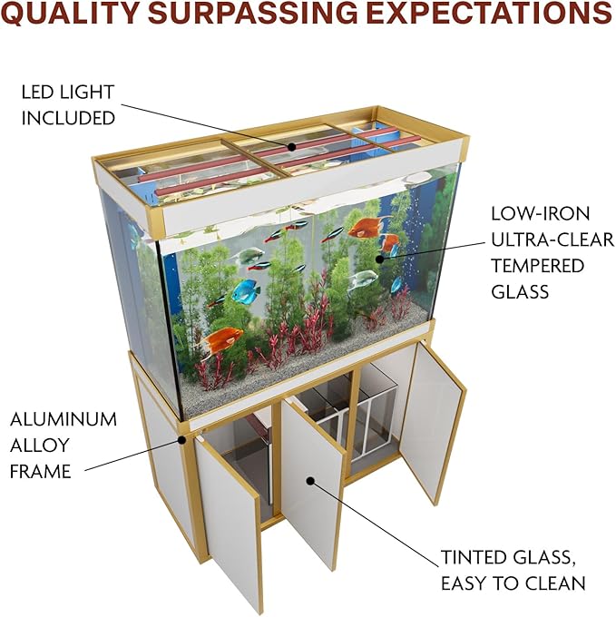 135 Gallon Aquarium Fish Tank with Upright Fishtank Stand Water Pump Freshwater Filter LED Bundle and Straight Corners Clear Glass - White with Gold Trims