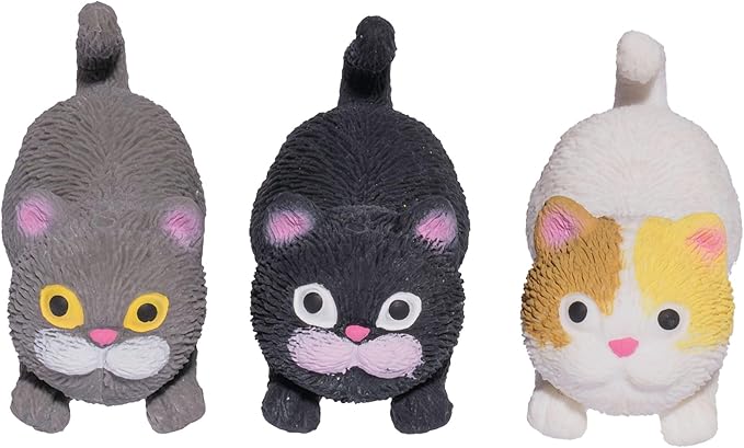 Farm Fresh Barnyard Cats – 3-Pack Mini Cat Fidget Toys for Kids – Soft Silicone Animal Squishies in White, Black & Grey – Squeeze Toy Set in Carrier Boxes – Party Favor, Gift for Girls and Boys