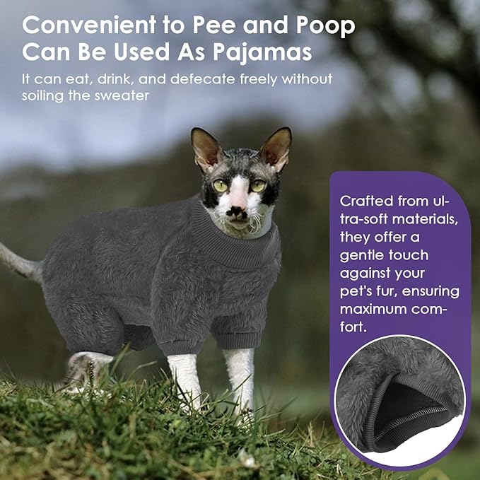 SUNFURA Sphynx Hairless Cat Sweater, Full Body Warm Fleece Sweaters with Sleeves for Cats, Soft Turtleneck Cat Clothes, Cozy Pullover Pajamas for Hairless Cats Devon, Donskoy & Small Dogs, Grey L