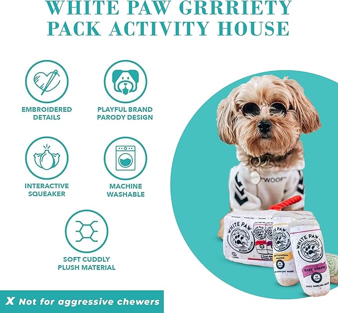 Haute Diggity Dog White Paw Grrriety Pack Activity House, Plush Designer Dog Toys with Interactive Squeaker, Stimulating Pet Enrichment, Machine-Washable & Safe Materials for All Breeds, One Size