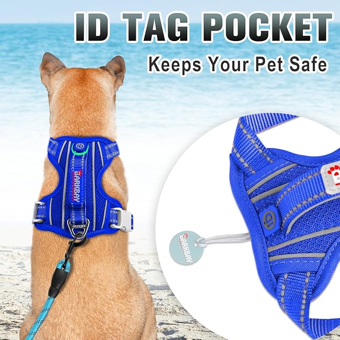 BARKBAY No Pull Dog Harness Large Reflective Dog Harness with Front Clip and Easy Control Handle for Walking Training Running with ID tag Pocket(Sapphire Blue,M)