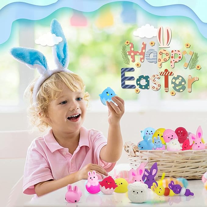 24Pcs Easter Mochi Squishy Toys Stress Relief Squishies for Kids Boys Girls Toddlers Easter Basket Stuffers Egg Fillers Gifts Party Favors
