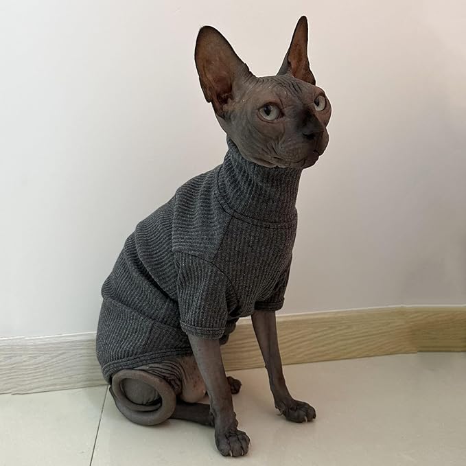 Sphynx Cats Shirt Cat Turtleneck Cotton Sweater Pullover Kitten T-Shirts with Sleeves Cat Pajamas Jumpsuit for Sphynx Cornish Rex, Devon Rex, Peterbald (Small, Deep Grey)