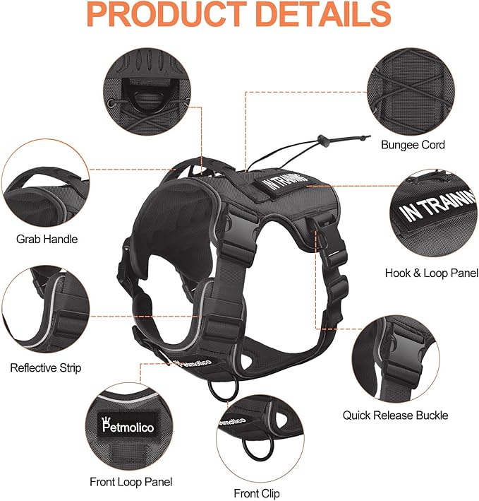 Petmolico Tactical Dog Harness with Leash, No Pull Dog Harness with Hook and Loop Panels for Hiking Training Military Service Dog Harness with Patches for Small Dogs, Black S