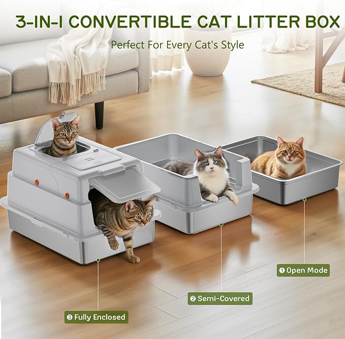 Stainless Steel Litter Box with Lid, 28" XXXL Large Enclosed Covered Cat Litter Box for Multiple Cats, Odor Control with Carbon Filters, Anti-Leak High Sided, Removable Lid &Scoop, Light Gray